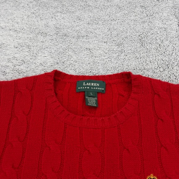 Lauren Ralph Lauren Sweater Womens Large Red Lambswool RL Crest Cable Knit VTG - Picture 3 of 14